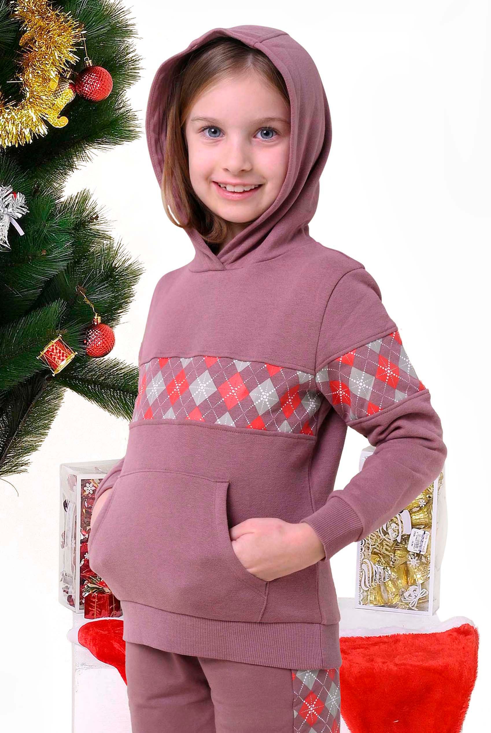 Enorsia Girls Brown Dusty Mauve Argyle Christmas Hoodie (12/18Mths-7Yrs) - Uk 12/18 Mths