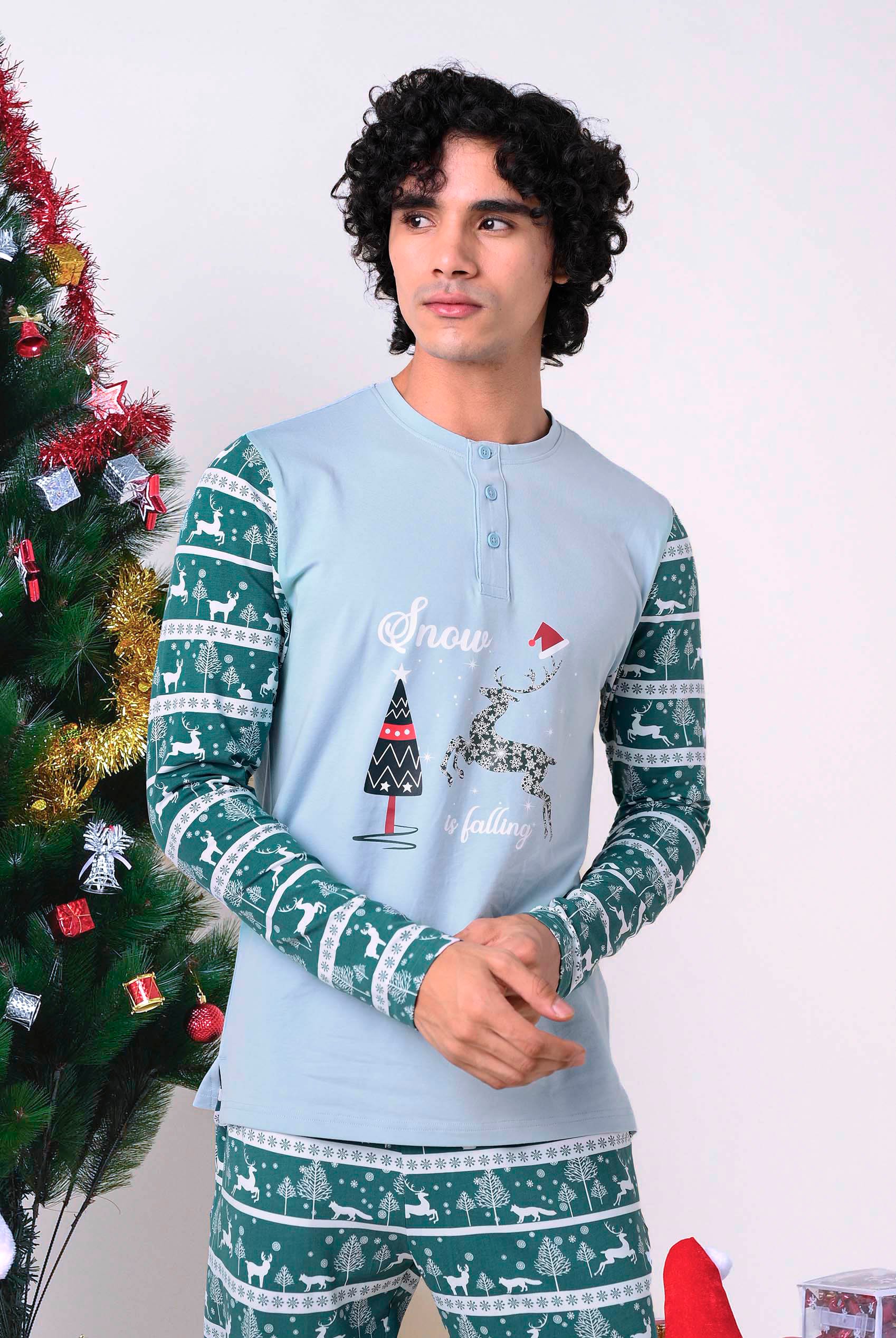 Enorsia Men's Blue Fair Isle Reindeer Print T-Shirt - Uk Xxl