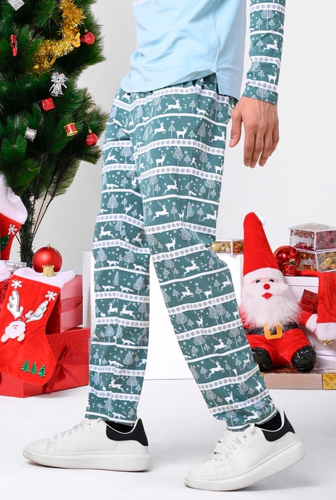 Mens Teal Fairisle Print Christmas Pyjama Bottoms