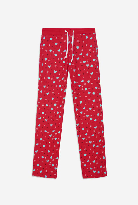 Women's Red Snow Heart Printed Pyjamas