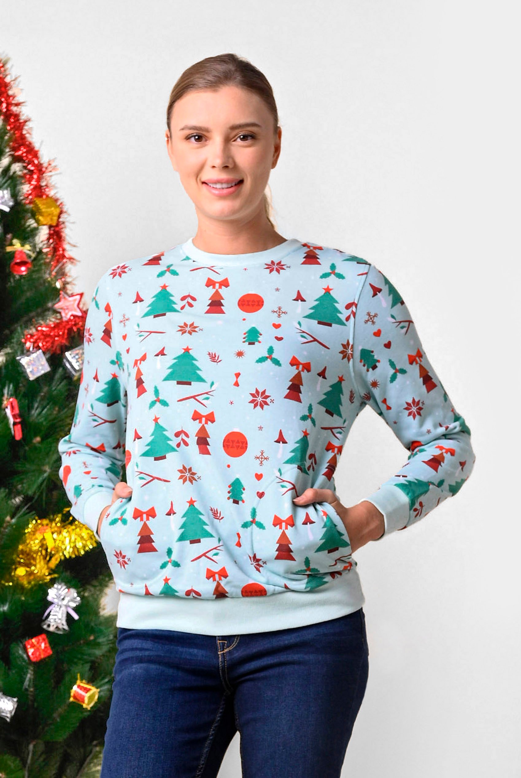 Enorsia Women's Green Christmas Print Crew Neck Sweatshirt - Uk 12