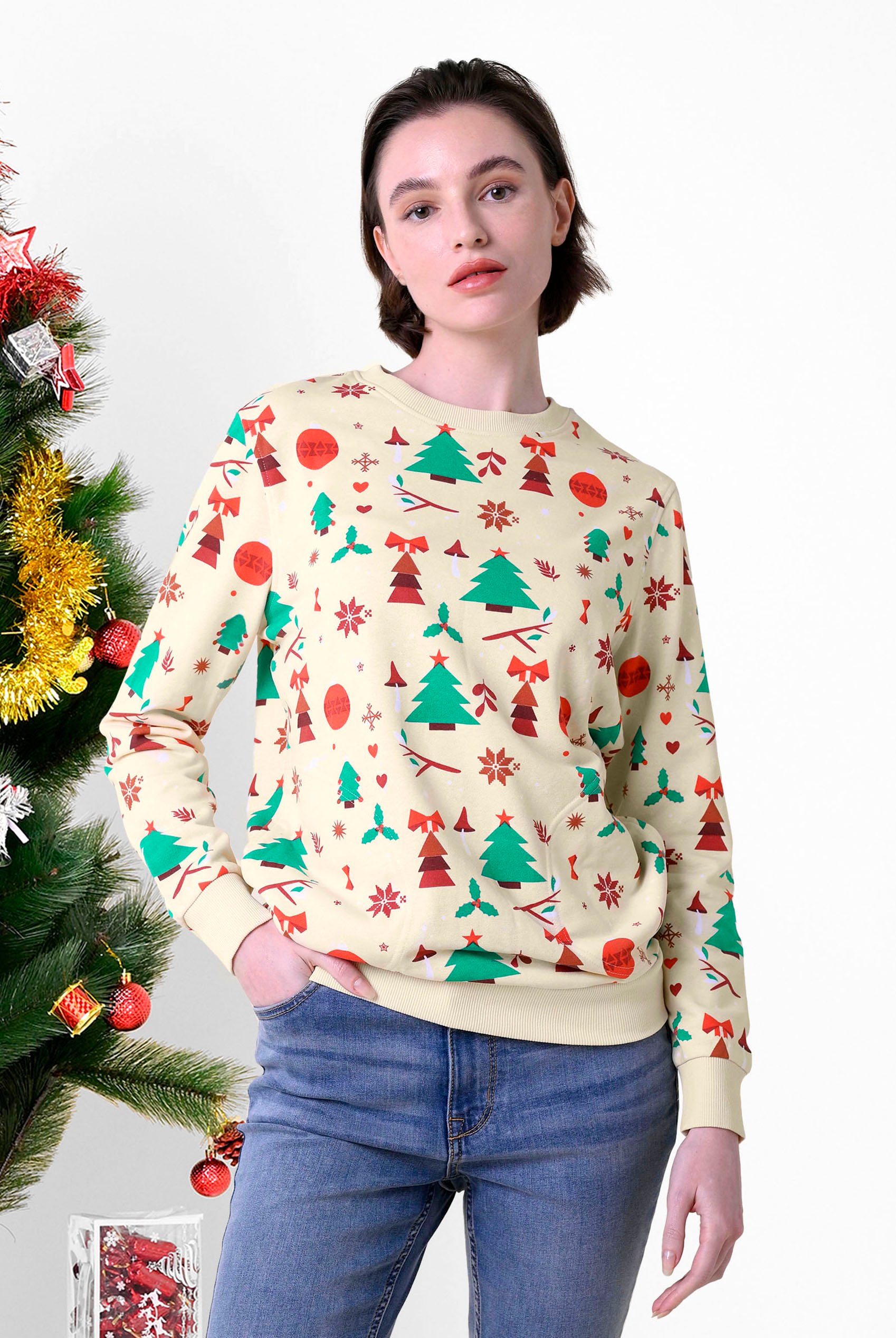 Enorsia Women's Yellow Christmas Print Crew Neck Sweatshirt - Uk 12