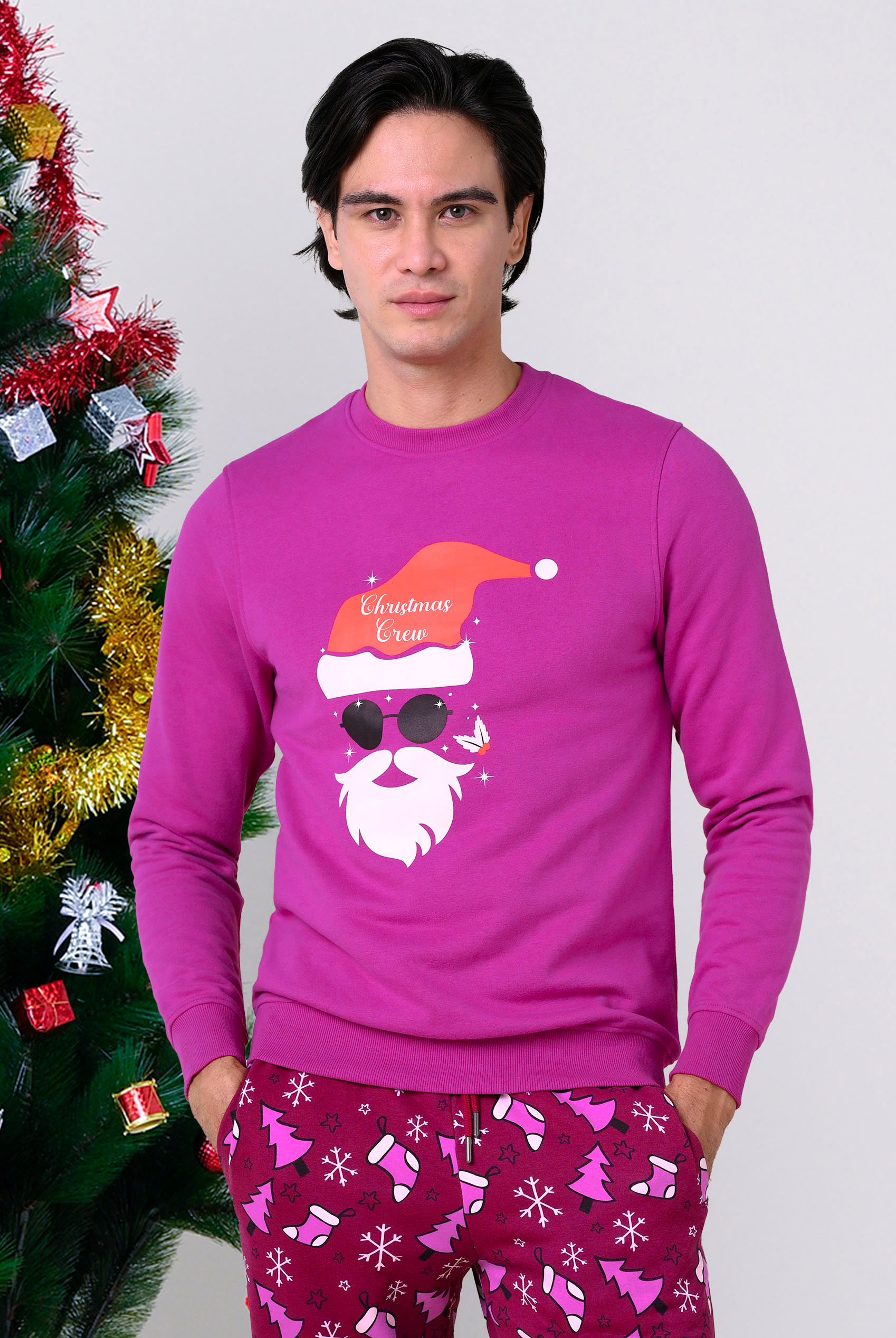 Enorsia Men's Purple Christmas Santa Print Fuchsia Sweatshirt - Uk M