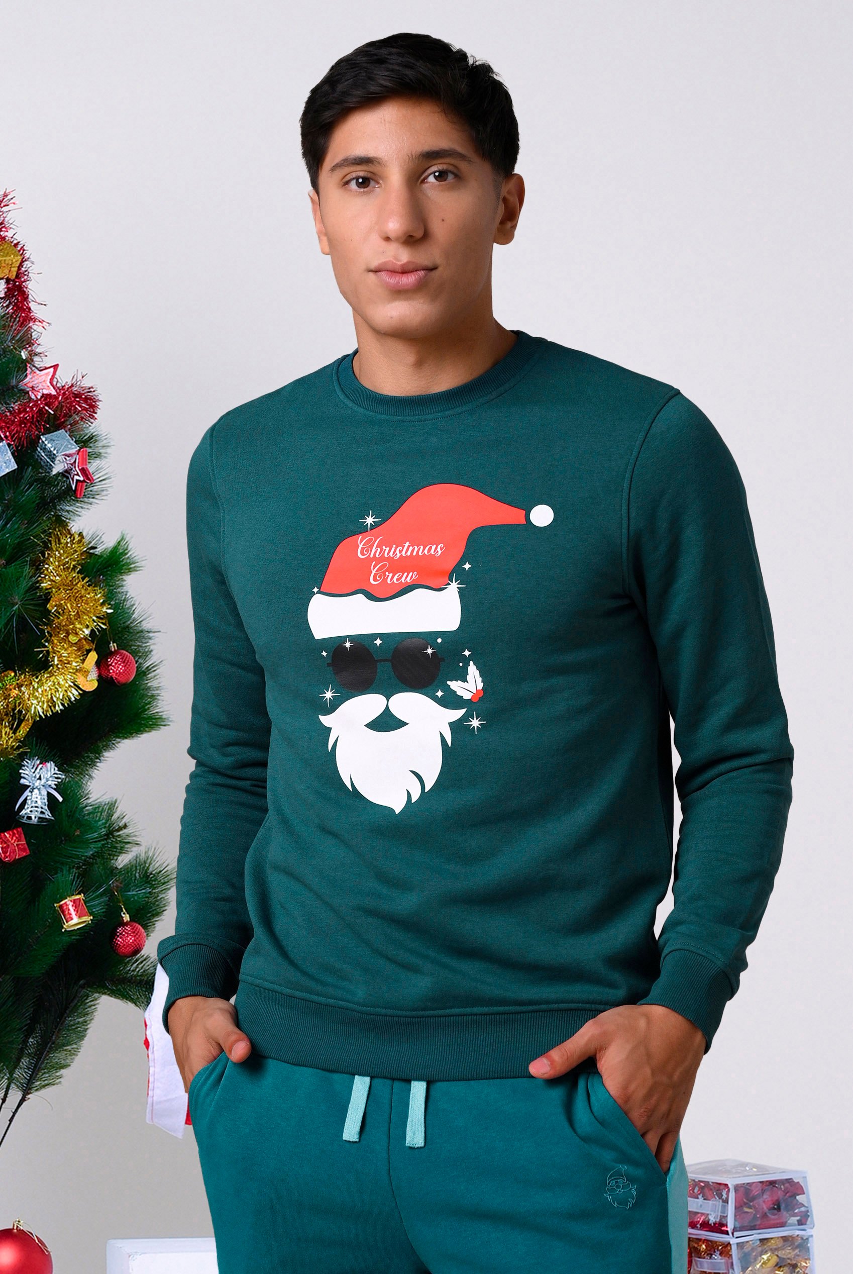 Enorsia Men's Teal Christmas Santa Print Sweatshirt - Uk Xxl