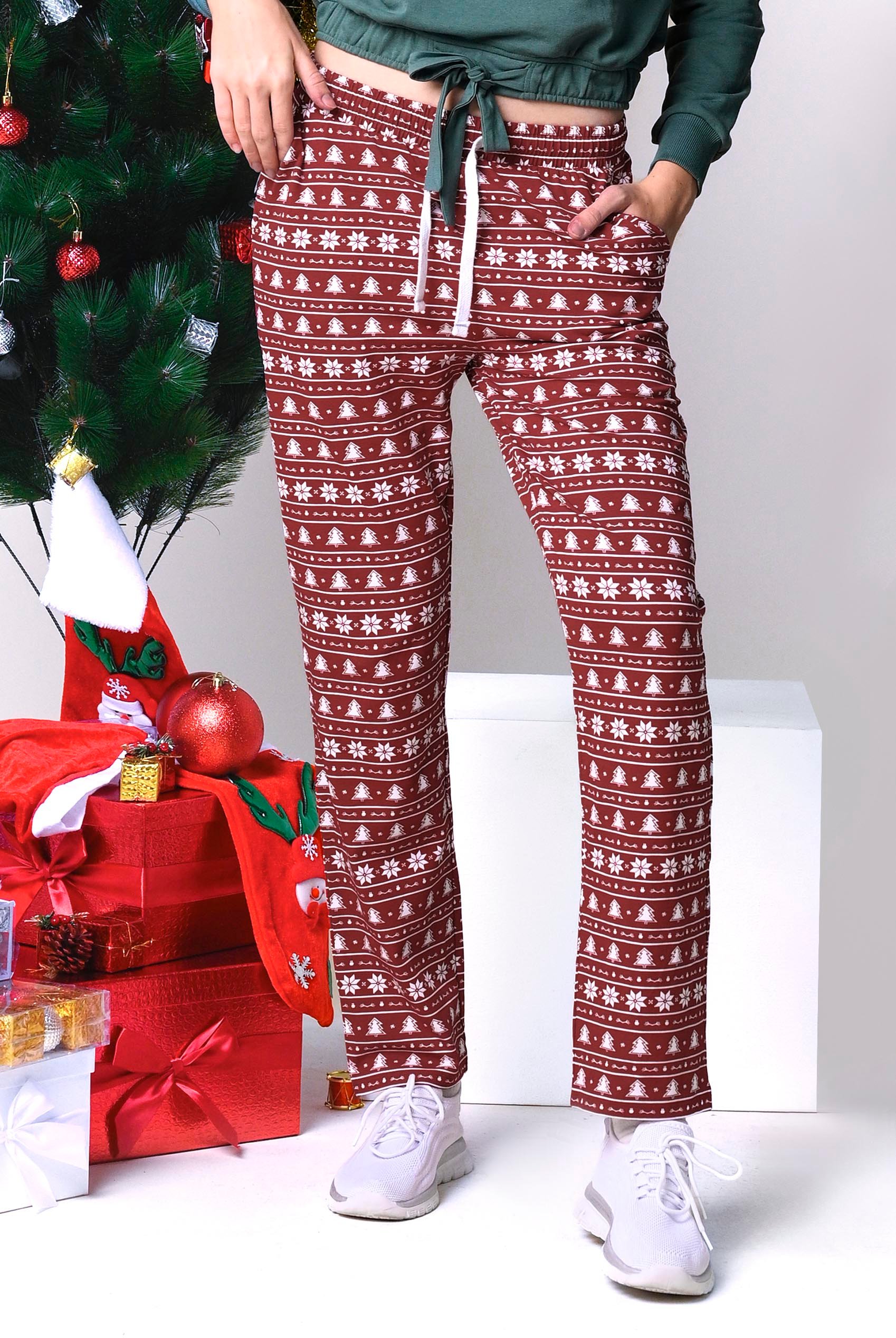 Enorsia Women's Red Fair Isle Print Trouser - Uk 12