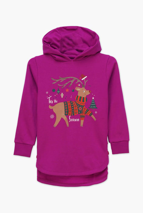 Girls Red Reindeer Print Christmas Hoodie (2yrs-9yrs)
