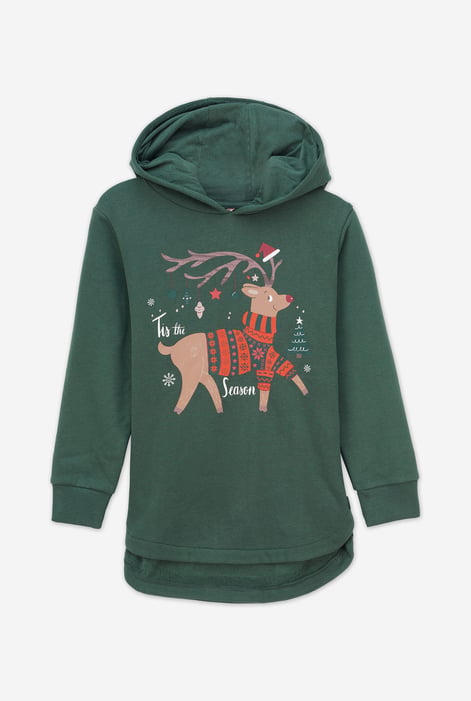 Girls Green Reindeer Print Christmas Hoodie (2yrs-9yrs)