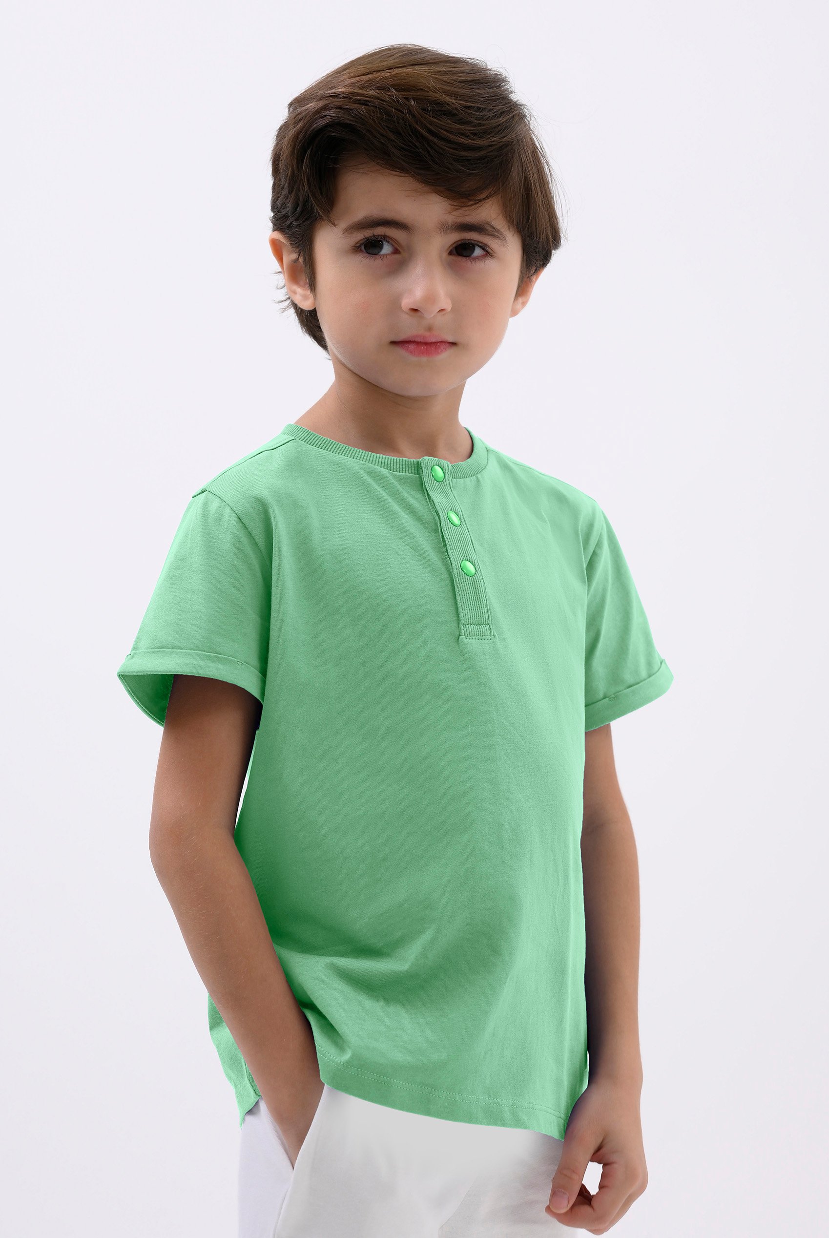 Enorsia Boys Green Half Placket Button Front T-Shirt - Uk 4 Yrs