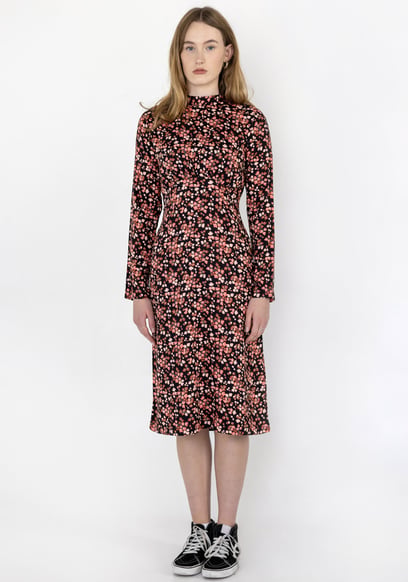 Dark Floral High Neck Ruched Midi Dress