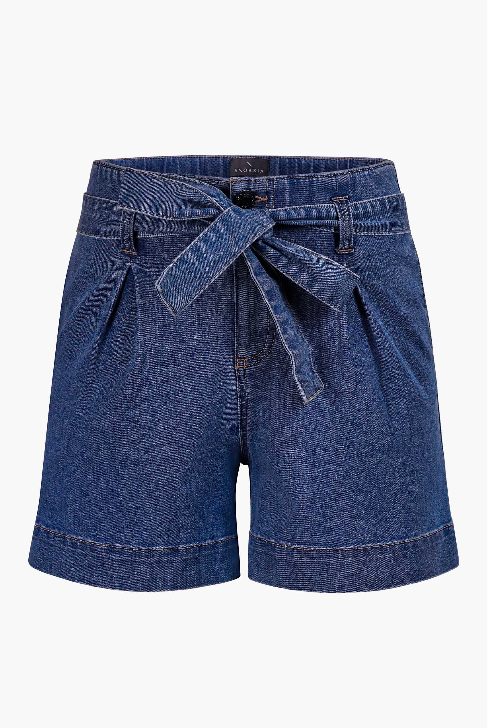 Enorsia Women's Deep Blue Belted Denim Shorts With Paperbag Waist - Uk 8