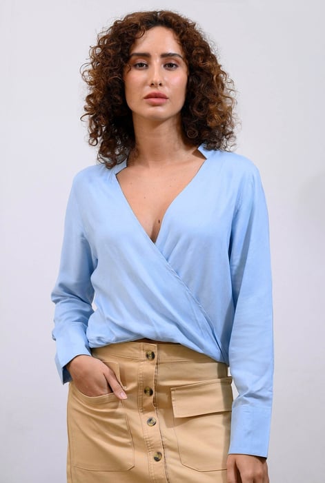 Blue Long Sleeves Wrap Blouse