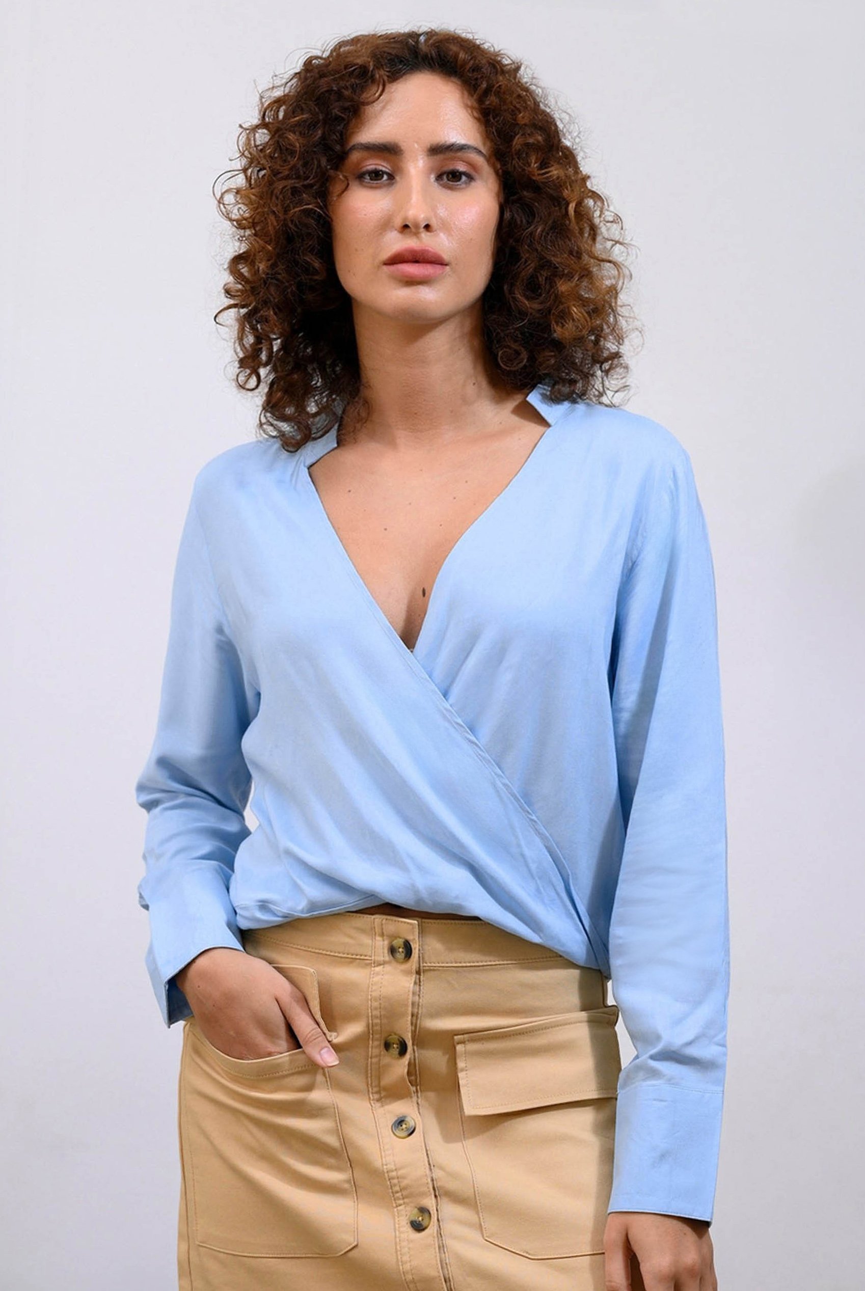 Enorsia Women's Blue Long Sleeves Wrap Blouse - Uk 14