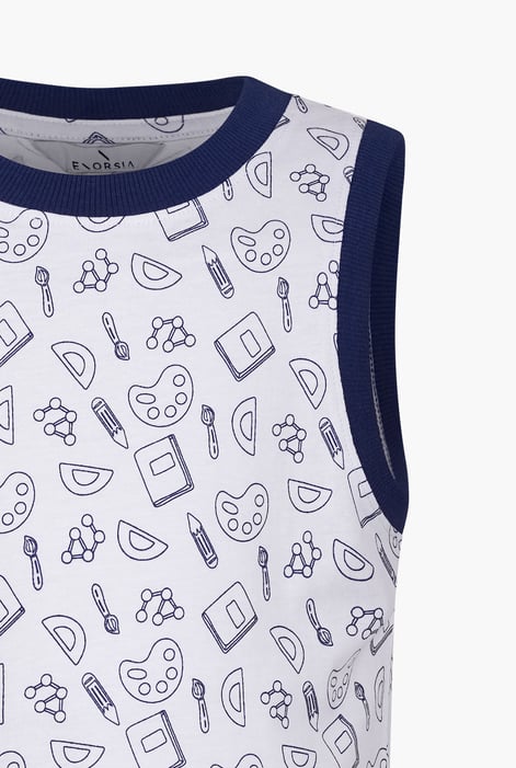 White Contrast Neck Pencil Printed Boys Vest (6yrs-11yrs)