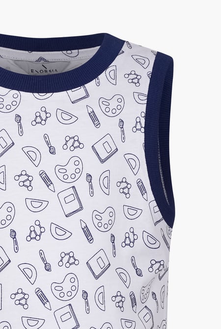 White Contrast Neck Pencil Printed Boys Vest (6yrs-11yrs)