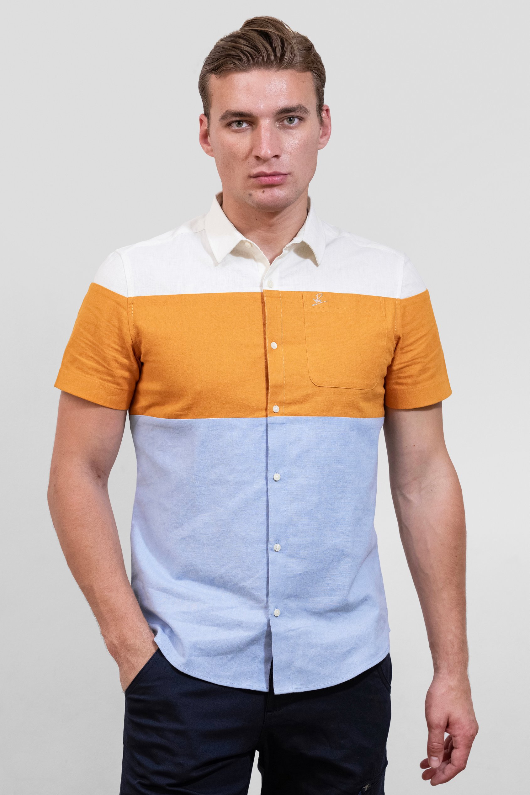 Enorsia Men's Multicoloured White/Orange/Blue Linen Blend Colour Block Shirt - Uk Xxl