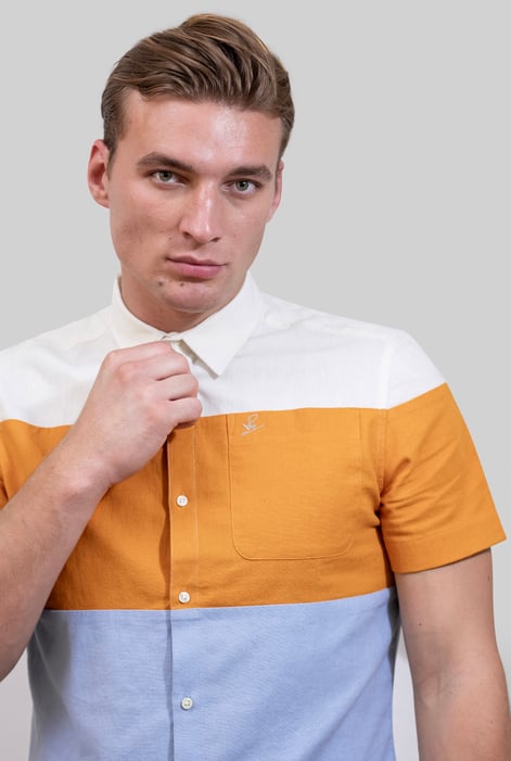 Multicoloured White/Orange/Blue Linen Blend Colour Block Shirt