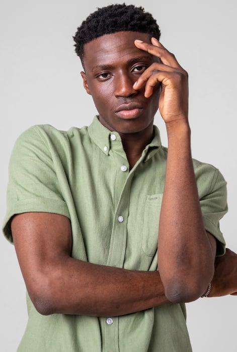 Mens Green Cotton Linen Roll-Up Sleeve Shirt
