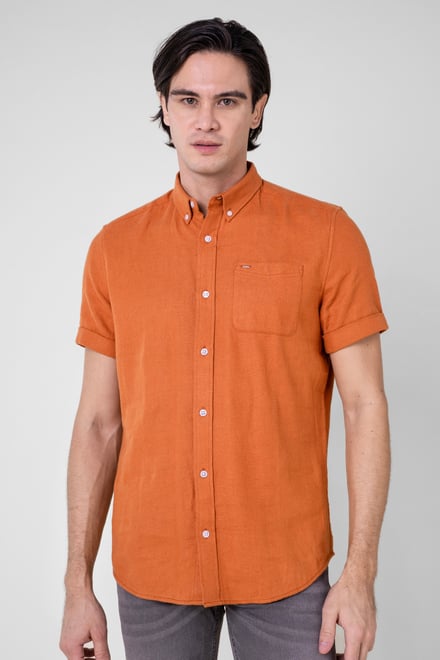 Mens Cotton Linen Roll-Up Sleeve Shirt