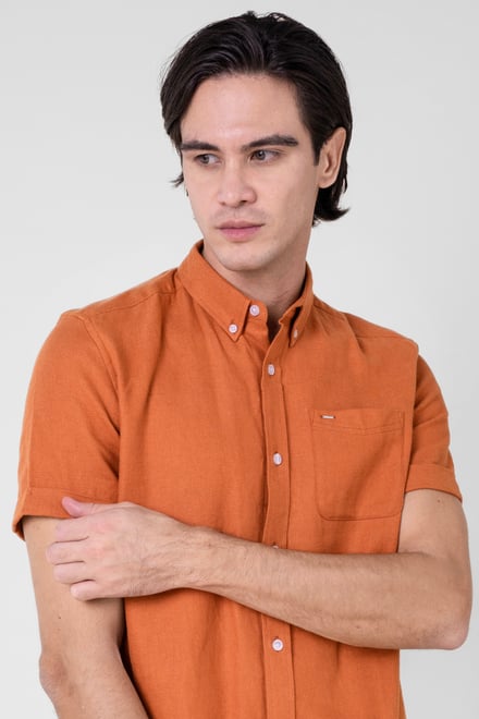 Mens Cotton Linen Roll-Up Sleeve Shirt