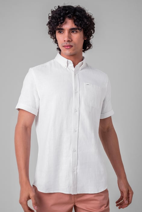 Mens White Cotton Linen Roll-Up Sleeve Shirt