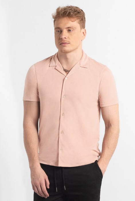 Mens Pink Revere Collar Short Sleeve Jersey Shirt