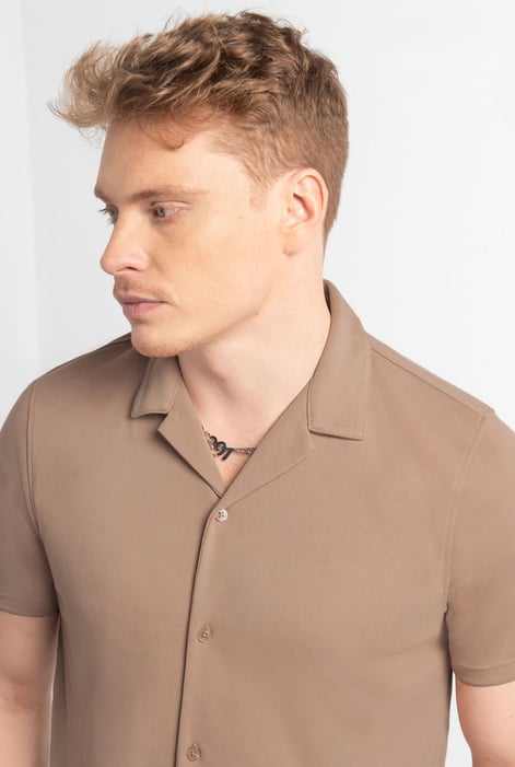 Mens Tan Revere Collar Short Sleeve Jersey Shirt