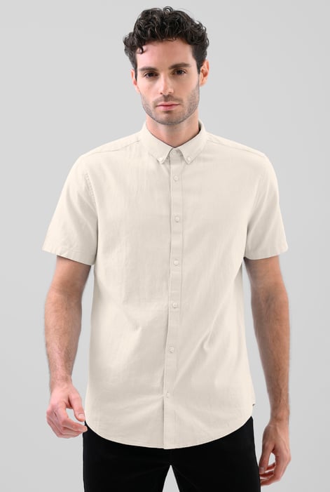 Beige Solid Linen Blend Short Sleeve Shirt