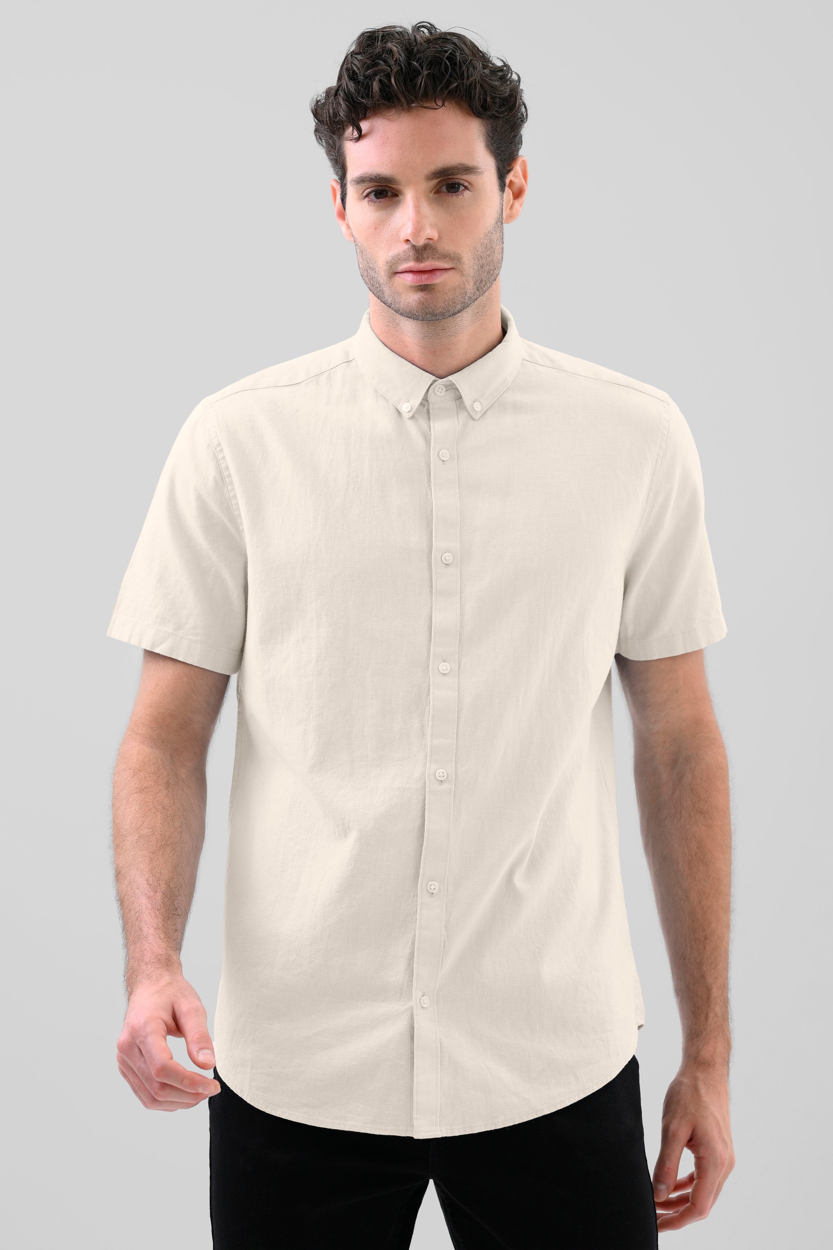 Enorsia Men's Beige Solid Linen Blend Short Sleeve Shirt - Uk S