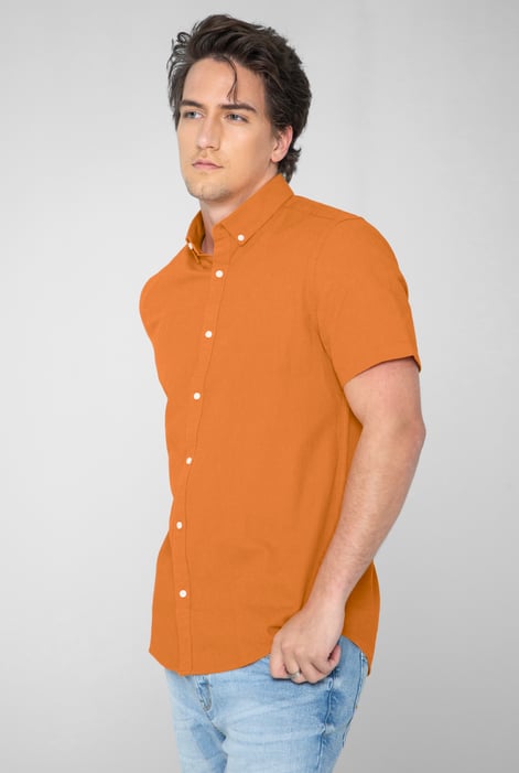 Orange Solid Linen Blend Short Sleeve Shirt