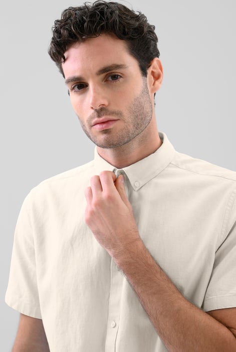 Beige Solid Linen Blend Short Sleeve Shirt