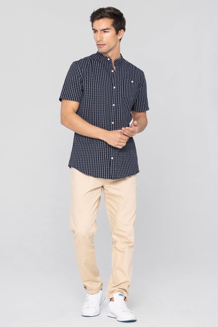 Men's Grandad Collar Check Short Sleeve Shirt