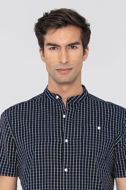 Men's Grandad Collar Check Short Sleeve Shirt