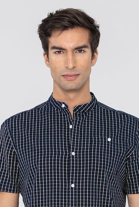 Men's Black Grandad Collar Check Short Sleeve Shirt