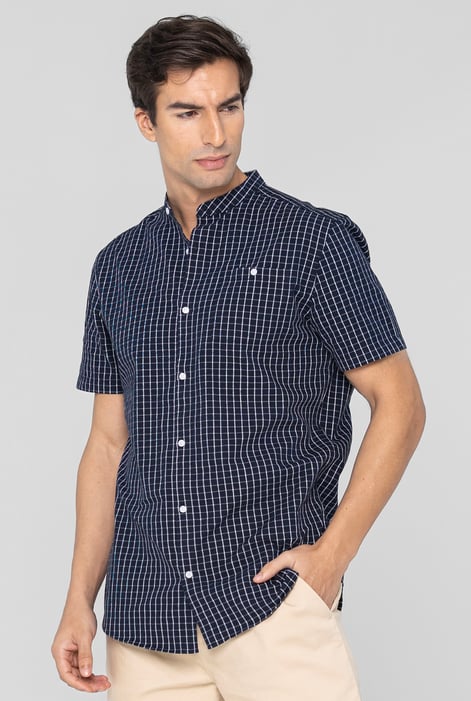 Men's Black Grandad Collar Check Short Sleeve Shirt