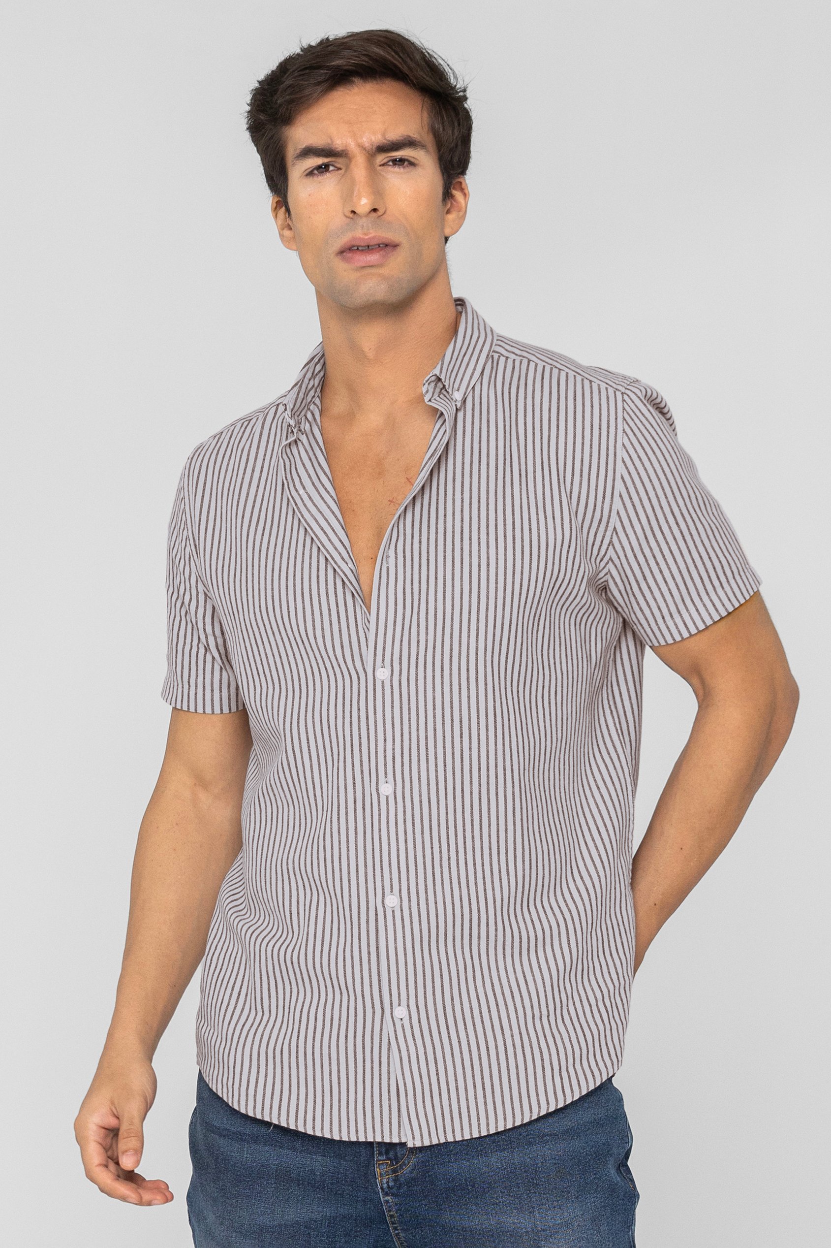 Enorsia Men's Grey Stripe Short Sleeve Shirt - Uk Xxl