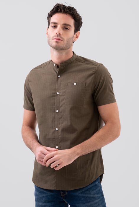 Men Brown Grandad Collar Short Sleeve Shirt