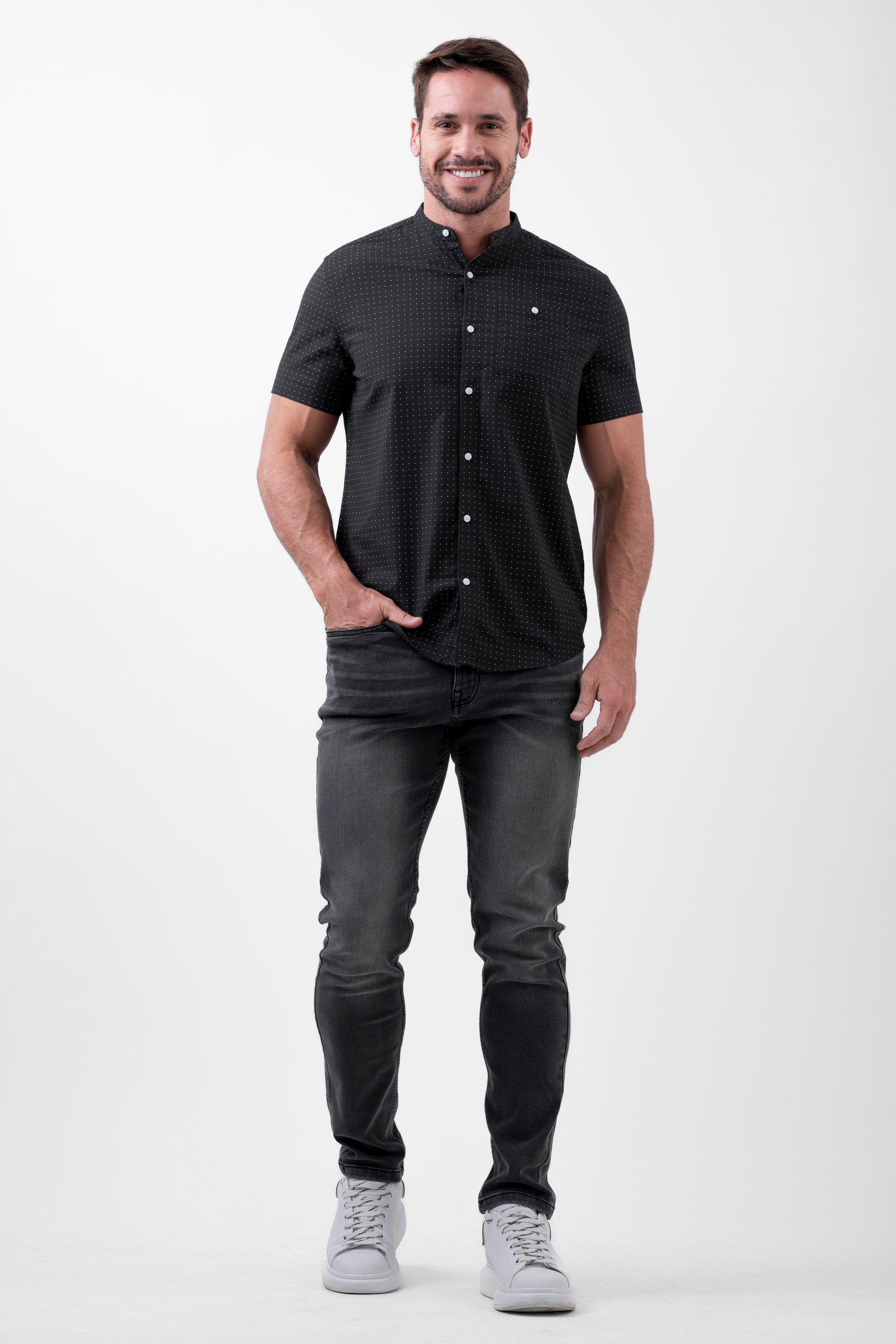Printed Grandad Collar Short Sleeve Shirt