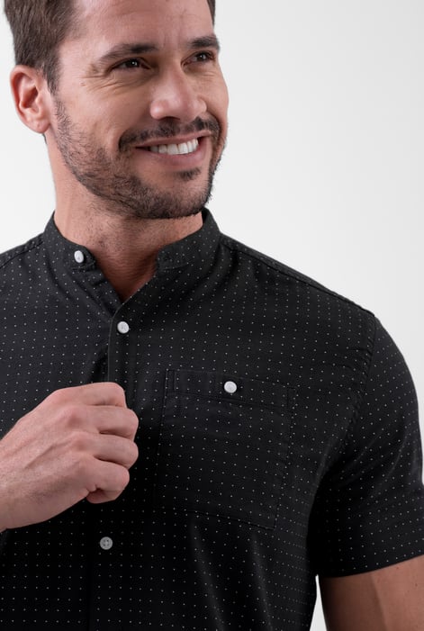 Black Printed Grandad Collar Short Sleeve Shirt