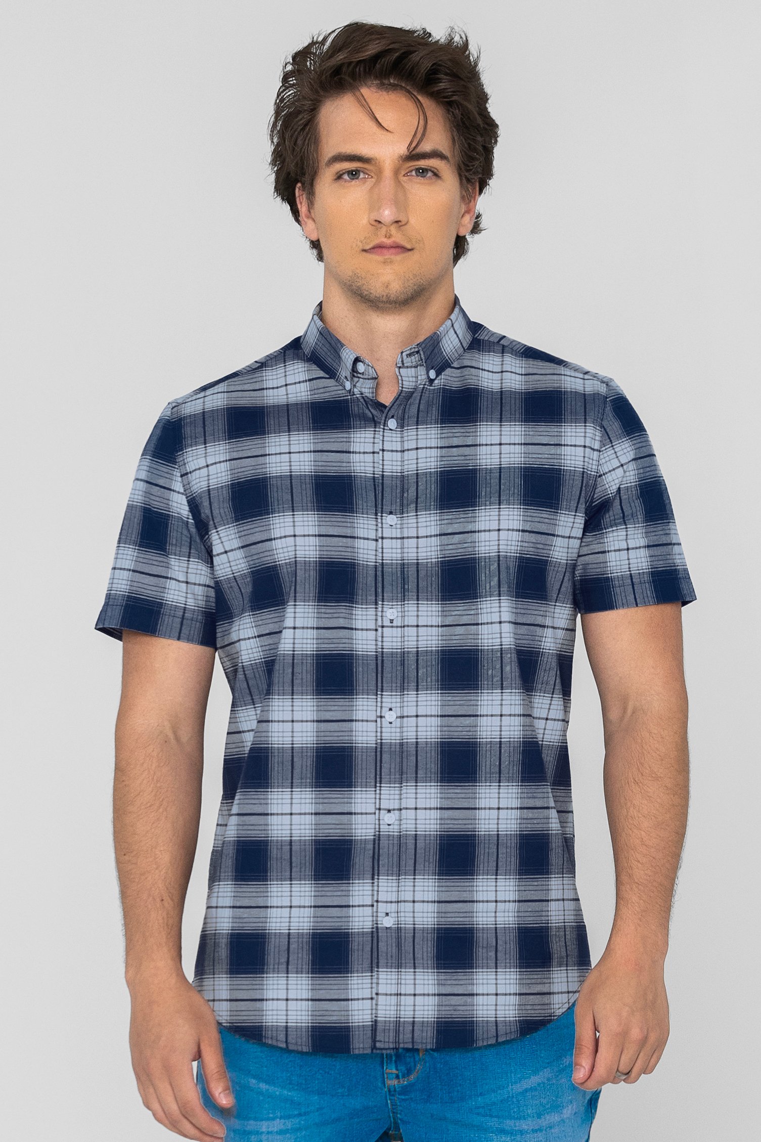 Enorsia Men's Navy Check Short Sleeve Oxford Shirt - Uk M