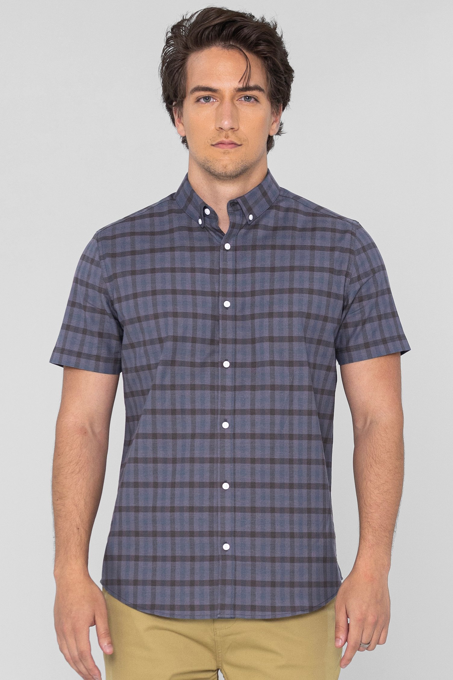 Enorsia Men's Grey Check Short Sleeve Oxford Shirt - Uk S