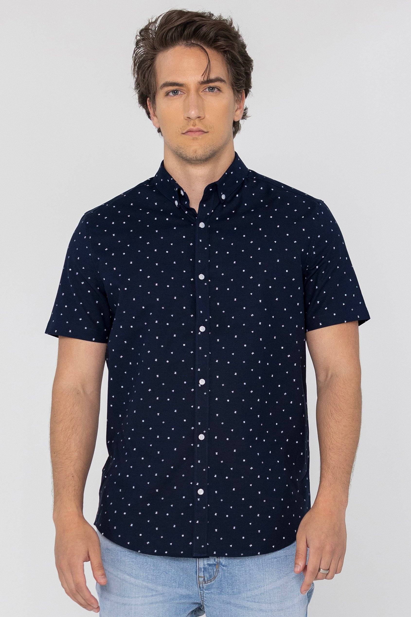 Enorsia Men's Navy Printed Short Sleeve Shirt - Uk M