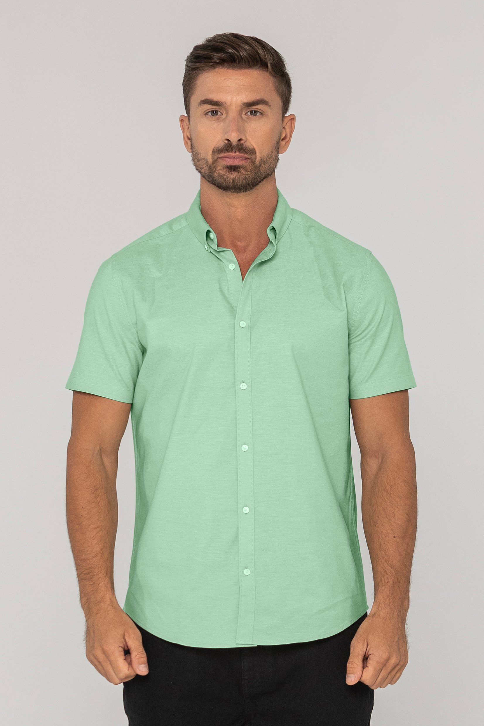 Enorsia Men's Green Solid Short Sleeve Shirt - Uk L