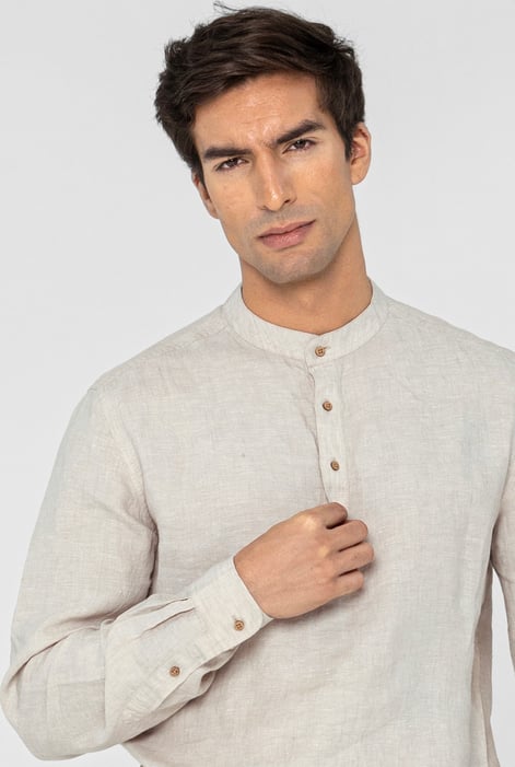 Grey Band Collar Linen Shirt