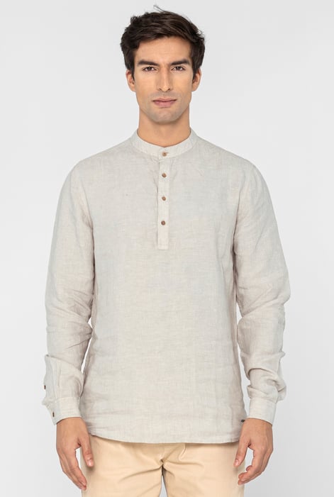 Grey Band Collar Linen Shirt