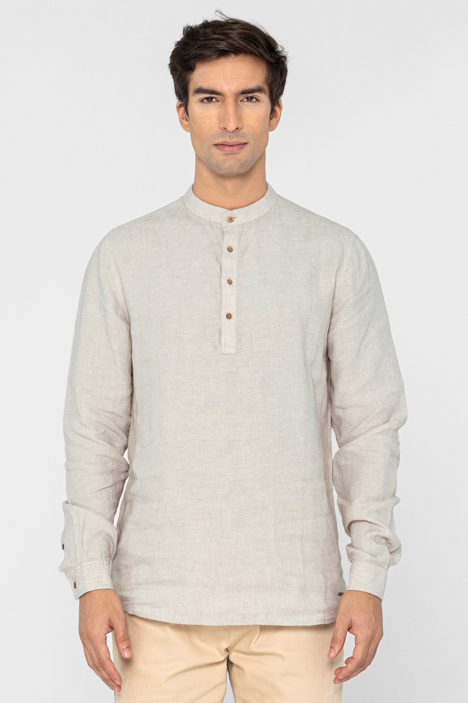 Enorsia Men's Grey Band Collar Linen Shirt - Uk S
