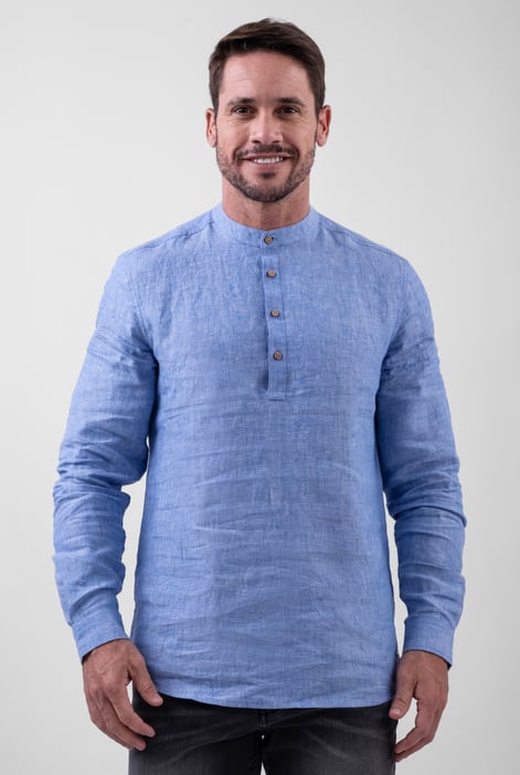 Grey Band Collar Linen Shirt