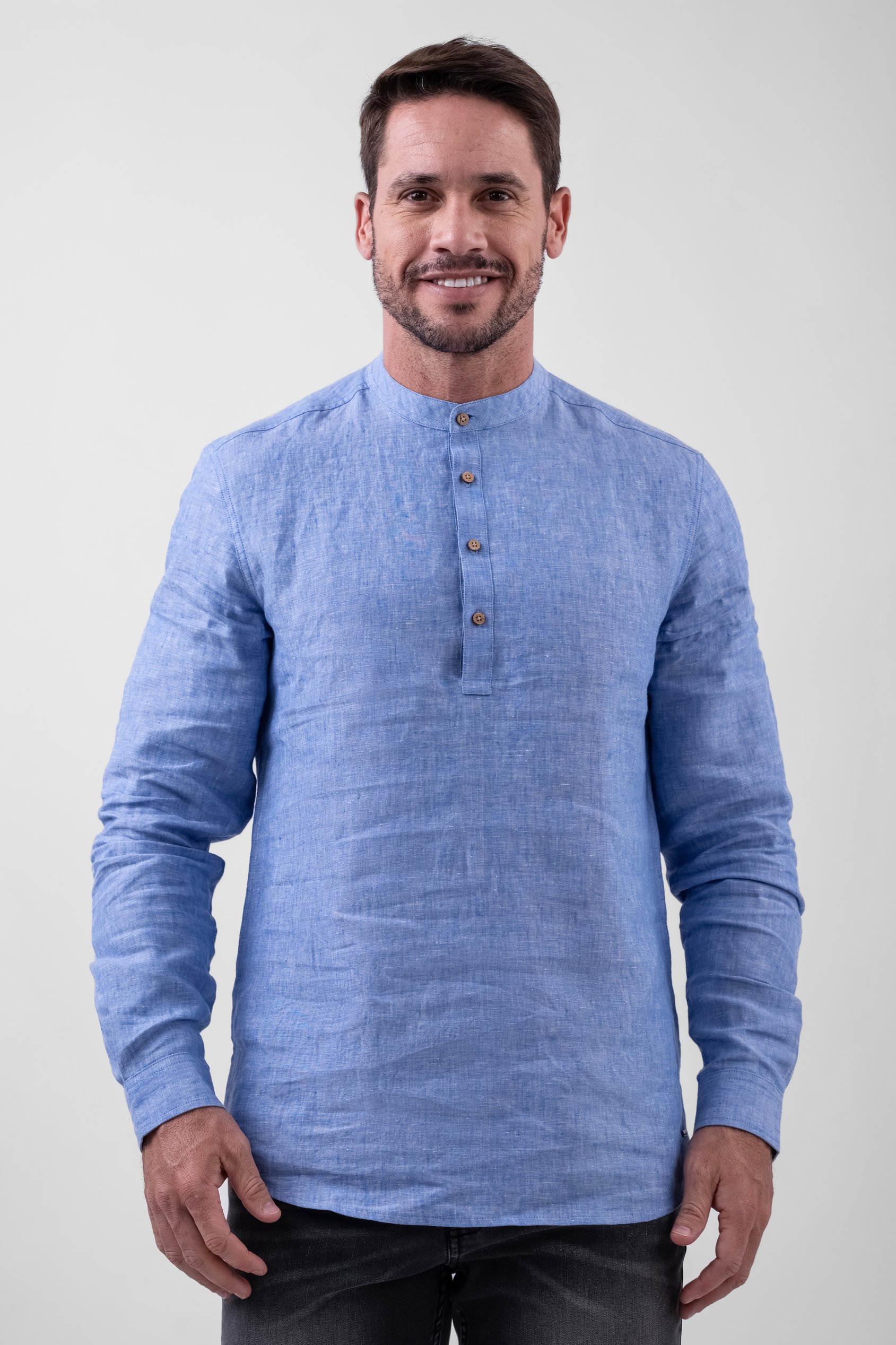 Enorsia Men's Blue Band Collar Linen Shirt - Uk S