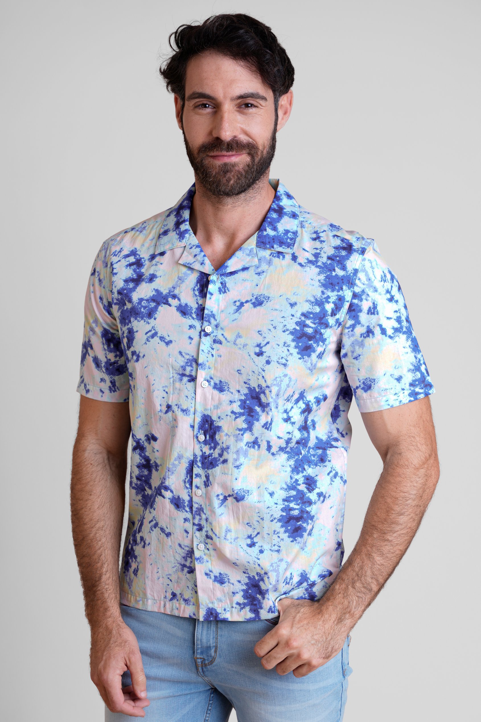 Enorsia Men's Navy Revere Collar Short Sleeves Printed Shirt - Uk M