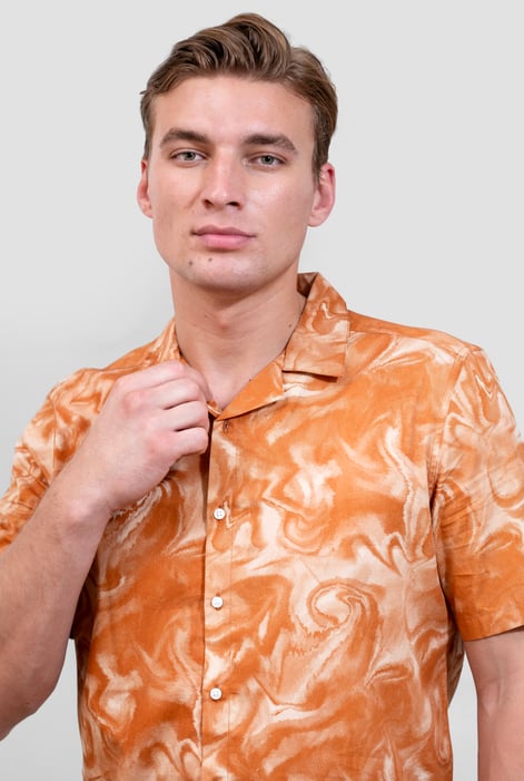 Orange Revere Collar Short Sleeves Printed Shirt