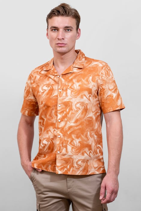 Navy Revere Collar Short Sleeves Printed Shirt